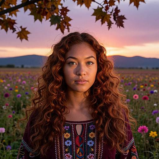 Photograph of a young woman with curly brown hair, wearing an embroidered dark top, standing in a colorful flower field at sunset, with autumn leaves in