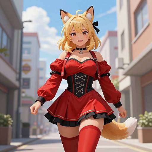Anime-style digital drawing of a blonde fox-girl with yellow ears, red eyes, red off-shoulder dress, black corset, thigh-high stockings