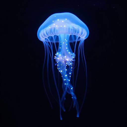 Photograph of a glowing blue jellyfish with translucent dome and trailing tentacles, illuminated against a dark black background.