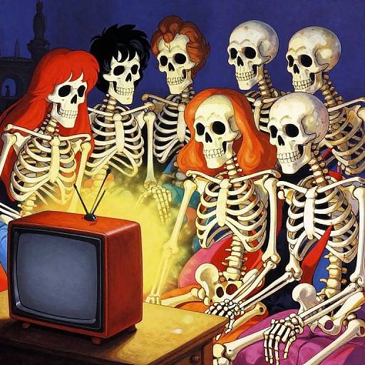 Digital illustration of five skeletons with red-haired women, watching a vintage TV with an antenna, in a dimly lit room.