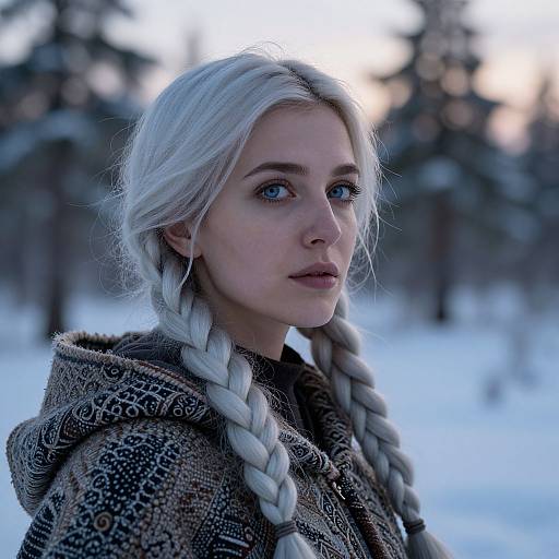 Photograph of a young woman with long, braided platinum blonde hair, blue eyes, wearing a patterned, textured coat, standing in a snowy