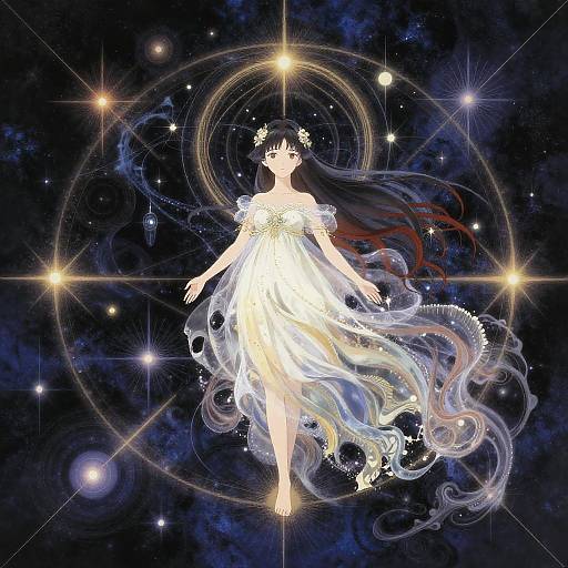 Digital artwork of a glowing, ethereal woman with long black hair, wearing a translucent white dress, floating in a starry, cosmic background.