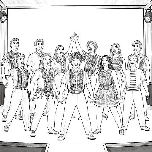 Black-and-white line drawing of a diverse group of eleven people dancing on stage, raising arms, wearing casual clothes, and smiling.