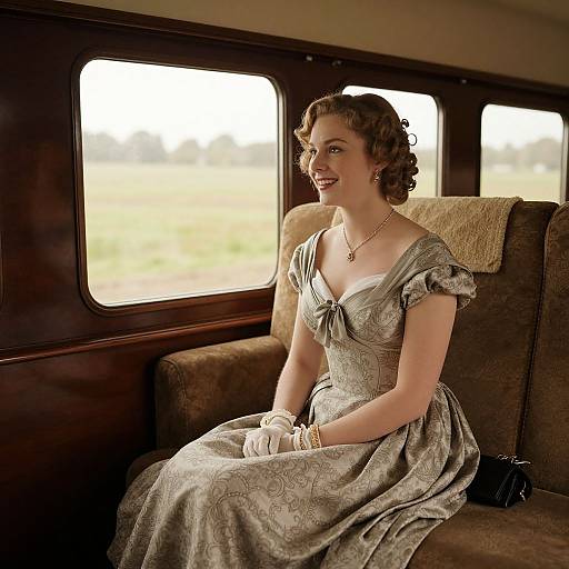 Photograph of a smiling brunette woman in a vintage, off-shoulder, gray dress with lace, seated in a train's brown-carriage,