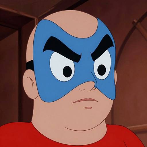 Cartoon image of a bald man with a blue mask, large white eyes, black eyebrows, and red shirt, looking serious. Background is dark and