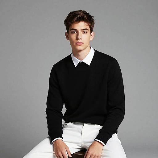 Photograph of a young man with short brown hair, wearing a black long-sleeve sweater over a white shirt and white pants, seated against a