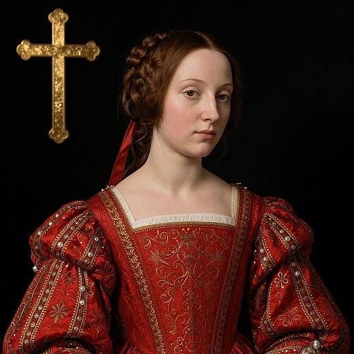 Renaissance-style portrait of a pale-skinned young woman with braided brown hair, wearing an ornate red dress with gold embroidery, and a