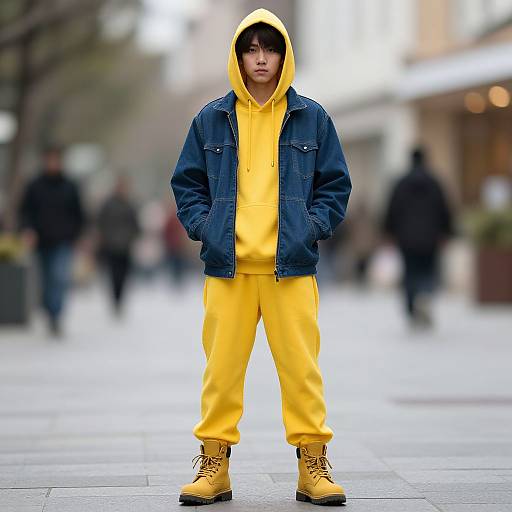 Photograph of an Asian teenager in a yellow hoodie, yellow pants, blue jacket, and yellow boots, standing confidently in a blurred urban street.