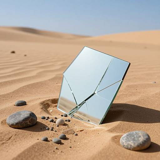 Photograph of a shattered, rectangular glass panel lying in golden sand dunes with smooth pebbles scattered around, under a clear blue sky.