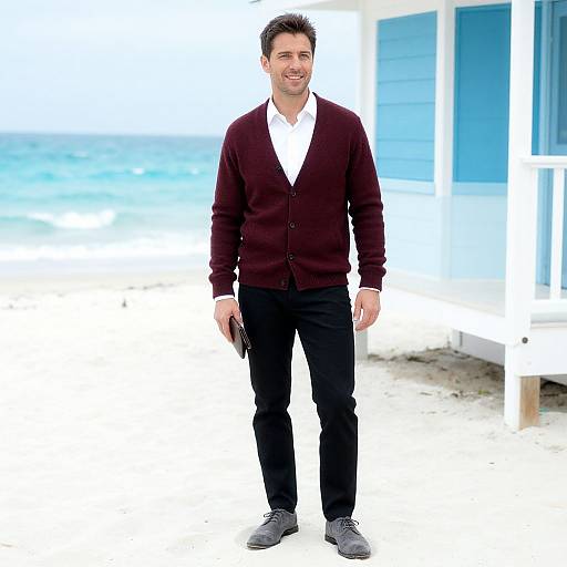Photograph of a smiling man with short dark hair, wearing a maroon cardigan, white shirt, black pants, and gray shoes, standing on