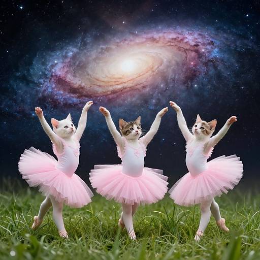 Photograph of three white and brown cats in pink tutus, dancing with arms raised under a glowing galaxy and starry sky, standing on green grass