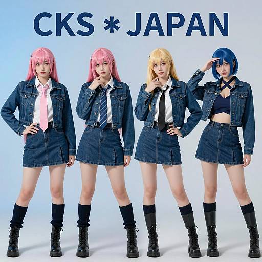 Four Women in Denim Cosplay with Colored Wigs