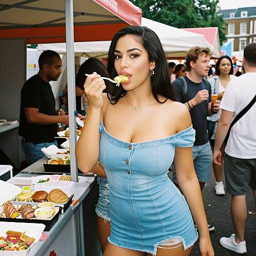 Photograph of a curvy, dark-haired woman in a tight, off-shoulder blue denim dress, eating a burger at a bustling outdoor food