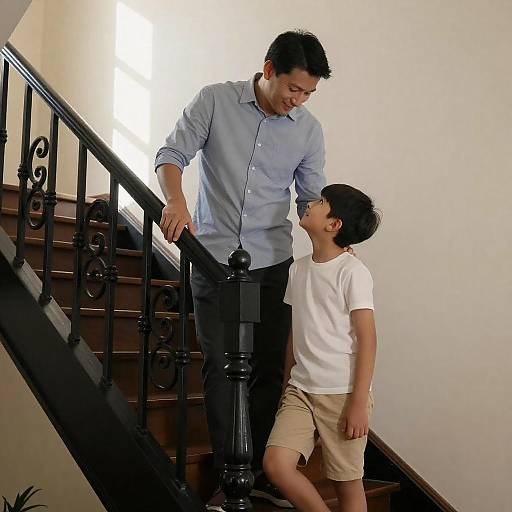Father and Son on Ornate Staircase