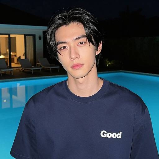 Photograph of an Asian man with fair skin, black hair, and neutral expression, wearing a black 