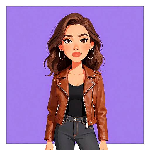 Digital illustration of a young woman with wavy brown hair, wearing a red leather jacket, black tank top, and blue jeans, against a solid purple