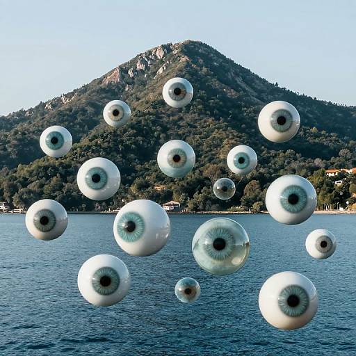 Photograph of floating eyeballs with blue irises above a calm lake, with a forested mountain and clear sky in the background.
