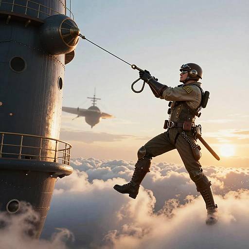 Steampunk Pilot Launching Grappling Hook at Sunset