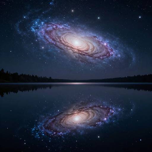 Photograph of a glowing spiral galaxy reflected in a calm, star-filled night sky over a serene lake with a silhouette of trees on the horizon.
