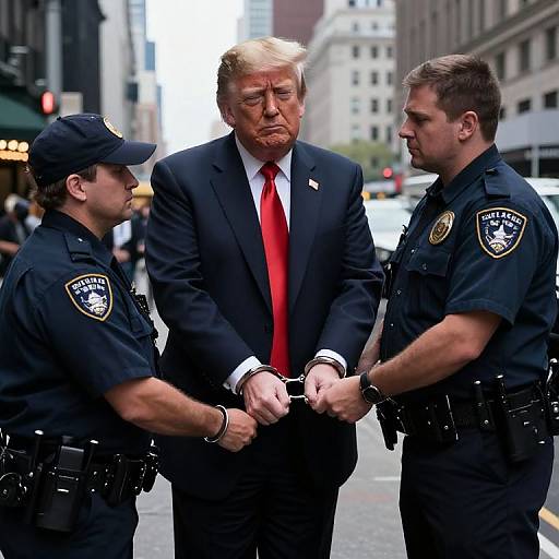 Photograph of three men: President Trump in a black suit with a red tie, handcuffed, surrounded by two NYPD officers in dark uniforms, on