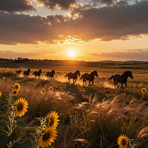 Sunset Pasture with Running Horses