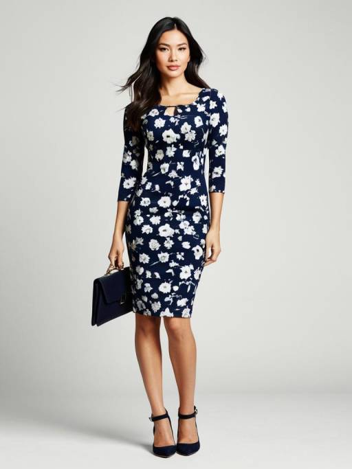 Woman in Navy Floral Bodycon Dress