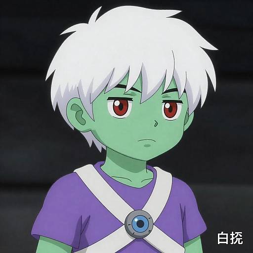 Anime Green-Skinned Child with White Hair