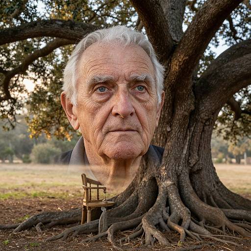 Photograph of an elderly man with white hair, deep wrinkles, and blue eyes, standing behind a large tree with his head superimposed in front