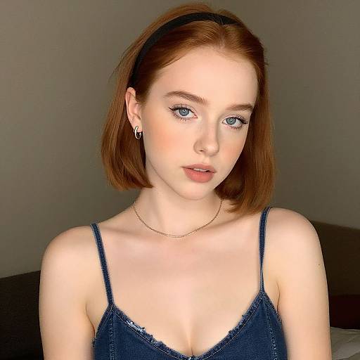 Photograph of a fair-skinned, red-haired woman with blue eyes, wearing a black lace spaghetti-strap top, gold necklace, and black head