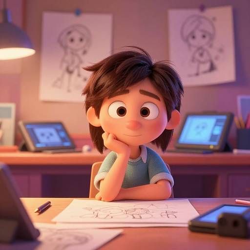 CGI image of a cute, anime-style boy with dark hair, blue shirt, pens, and drawing tablets in a brightly lit art room.