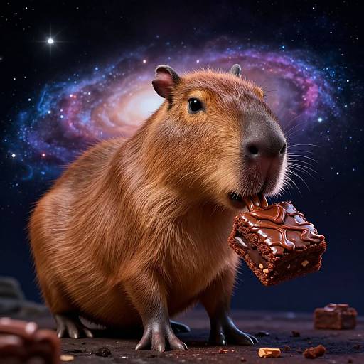 Photorealistic digital artwork of a chubby, brown rat with glossy fur, eating a chocolate chunk, against a cosmic galaxy background.