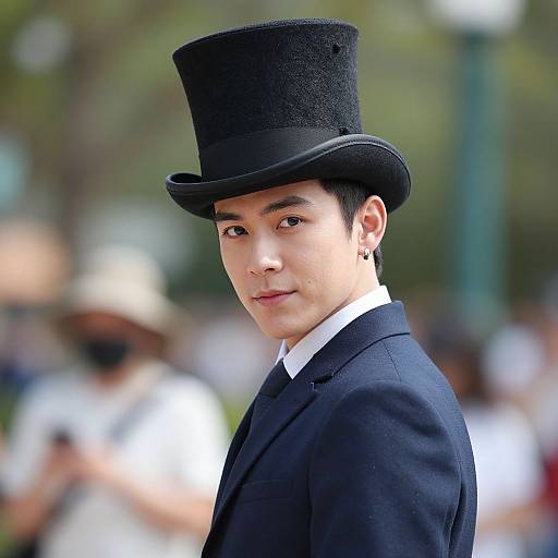 Photograph of an East Asian man in a black top hat and suit, looking over his shoulder, outdoor background with blurred people.