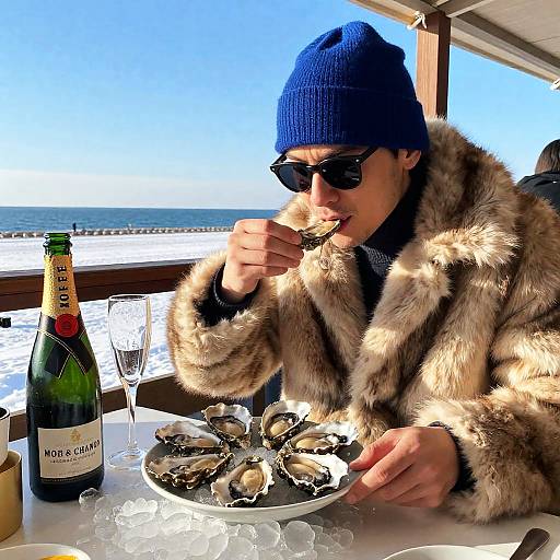 Man in Fur Coat with Oysters, Champagne