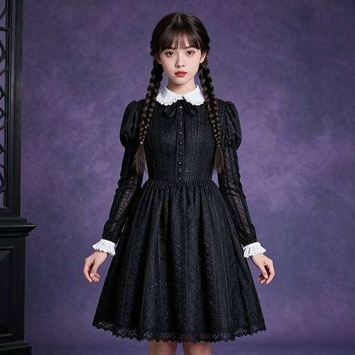 Photograph of an Asian girl with braided hair, wearing a black, long-sleeved lace dress with white collar and cuffs, standing against a