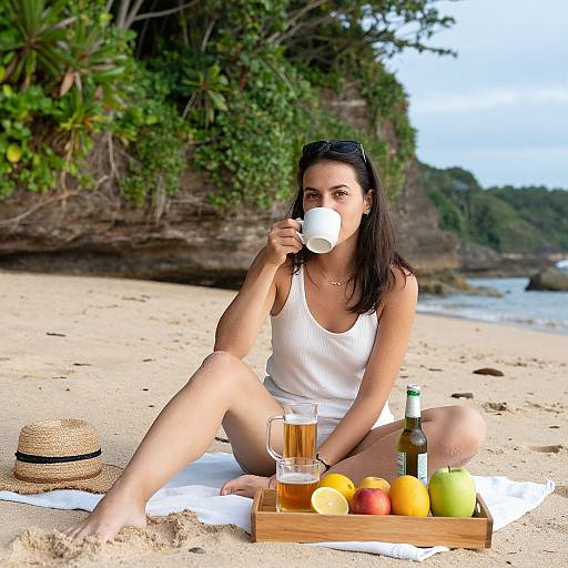 Woman Enjoying Morning Tea on Beach