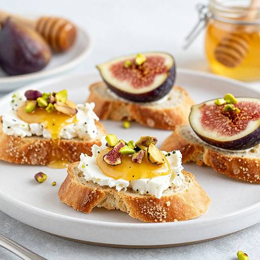 Photograph of open-faced toast topped with creamy white cheese, fig halves, and pistachios, on a white plate with a honey jar in the