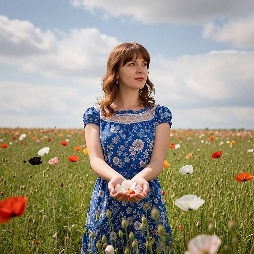 Photograph of a young woman with wavy brown hair in a blue floral dress standing in a vibrant, sunny meadow with scattered poppies under a