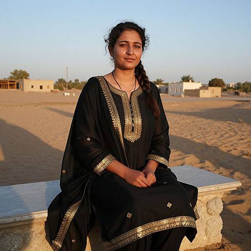 Photograph of a young South Asian woman with long braided hair, wearing a black traditional dress with gold embroidery, sitting on a stone bench in a
