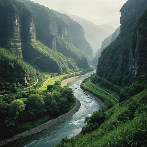 Misty Valley with Winding River and Lush Greenery
