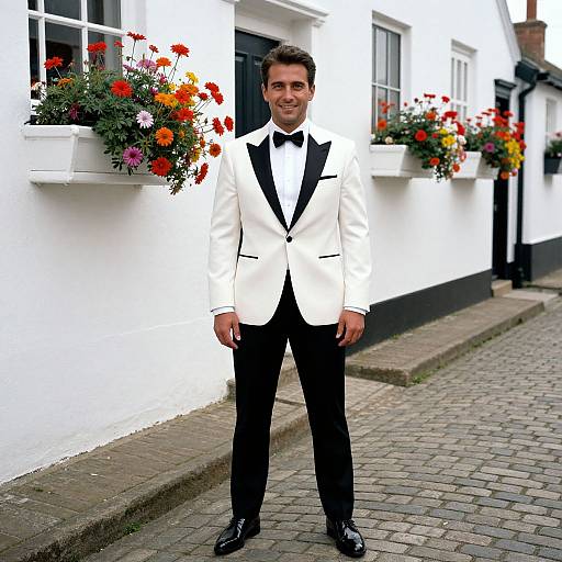 Photograph of a smiling man in a white tuxedo with black lapels, standing on a cobblestone street, in front of a white