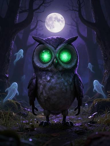 Digital artwork of a glowing green-eyed owl with dark feathers standing in a spooky, moonlit forest, surrounded by translucent ghostly figures.