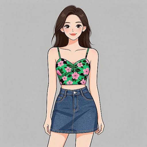 Digital anime-style drawing of a young woman with long black hair, wearing a green floral crop top and high-waisted blue denim skirt, standing against