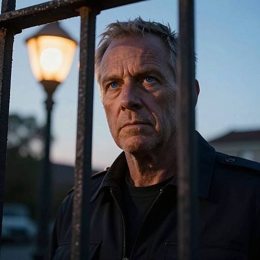 Photograph of a middle-aged man with short, gray hair and intense blue eyes, standing behind a metal fence at twilight. A glowing streetlamp is