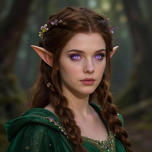Digital art of a beautiful, fair-skinned elf woman with purple eyes, long brown braids, pointed ears, wearing a green gown adorned with gems