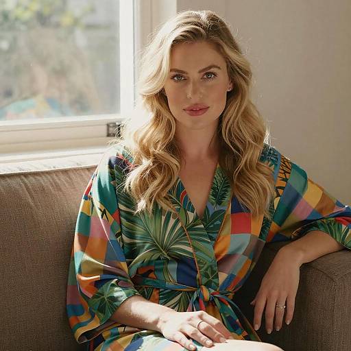 Blonde Woman in Colorful Patterned Robe Sitting on Couch