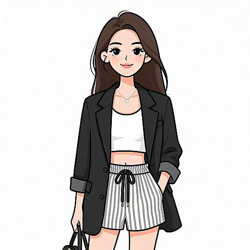 Digital illustration of a smiling young woman with long brown hair, wearing a black jacket, white crop top, and striped shorts, holding a black handbag