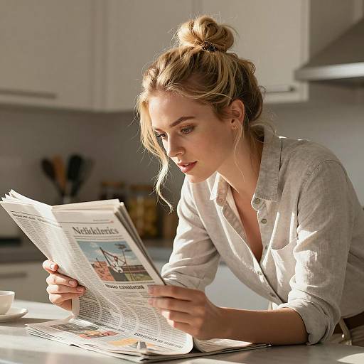 Blonde Woman Reading in Sunlit Kitchen