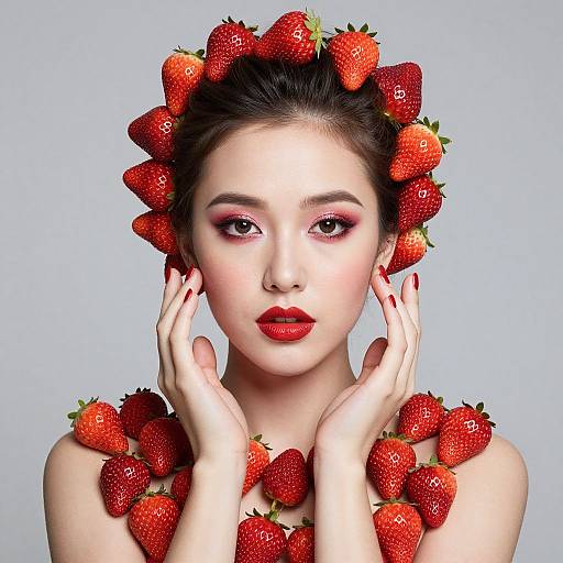 Photograph of an Asian woman with fair skin, red lipstick, and pink eyeshadow, adorned with strawberries on her head and neck, hands framing