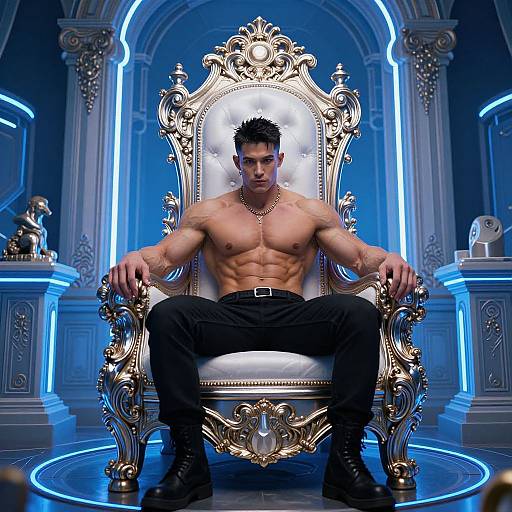 Muscular, shirtless man with dark hair sits confidently on an ornate, gold throne in a blue-lit, neoclassical room.