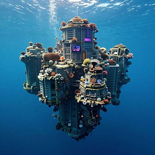 Digital art of a futuristic underwater cityscape, featuring multi-story buildings adorned with colorful coral, illuminated windows, and surrounded by vibrant ocean life. Bright blue